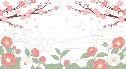 Elegant japanese tea ceremony illustration with cherry blossoms and camellias in soft pastel colors creating a serene and peaceful atmosphere