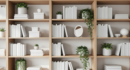 Light Wood Bookshelves Filled with White Books and Plants