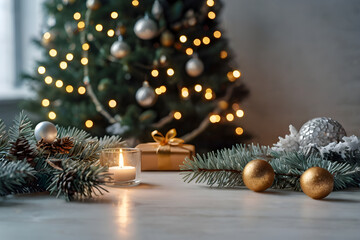 Empty white table, balls, candle, christmas tree, lights on background, blurred bokeh. Christmas mock up banner to display, advertise product, promotion sale, presentation. New year backgrounds. 