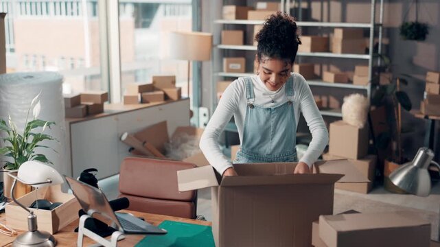 Woman, packing and box for courier of small business, shopping order and shipping guidelines. Female person, product and wrapping purchase for supply chain, ecommerce delivery and process for freight