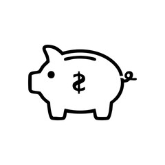 A simple black and white outline of a piggy bank, representing savings and financial security. The piggy bank has the shape of a pig and a dollar sign symbol
