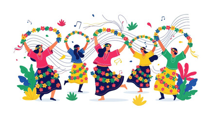 Obraz premium Festive floral celebration: women dancing with flower garlands in vibrant colors joyous illustration