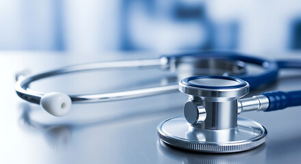 Photo of closeup of a stethoscope on a table in a clinic