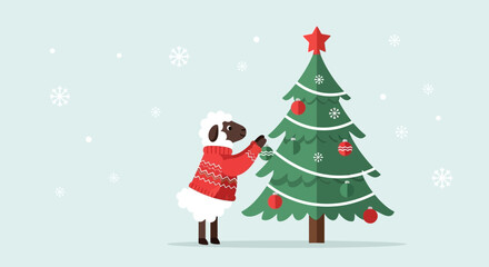 Fototapeta premium Festive Sheep Decorating Christmas Tree in Winter Wonderland Cartoon Illustration