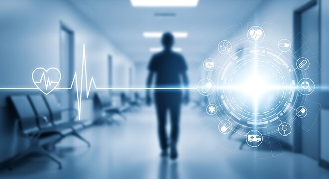 Photo of doctor walking in hospital hallway with digital interface - Powered by Adobe