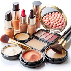 Elegant Makeup Still Life Foundations, Lipsticks, Powders and Brush on White, Beauty , Cosmetics