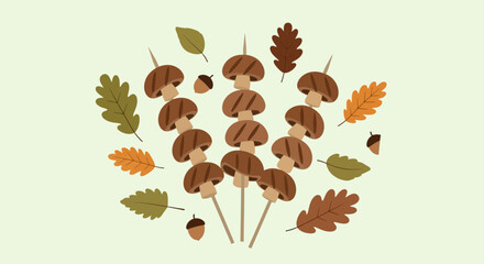 Grilled mushroom skewers with colorful autumn leaves, a seasonal culinary delight with a natural autumnal aesthetic