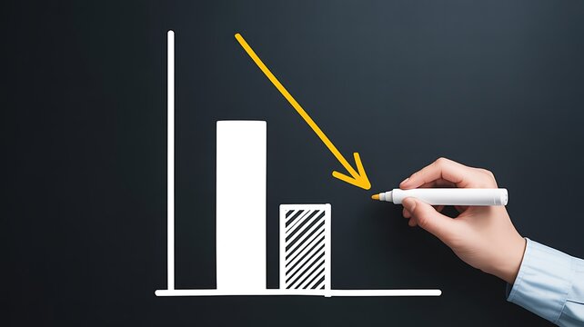 Declining bar graph showing negative business trend and financial loss with yellow arrow and hand drawing - Powered by Adobe