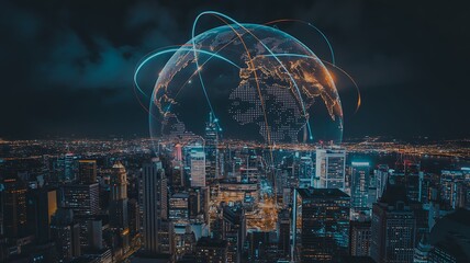 Glowing Earth Network Over Dark Cityscape at Night