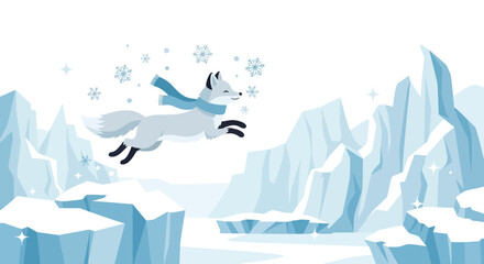 Happy arctic fox jumps across icy landscape enjoying the winter atmosphere