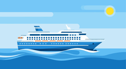 Flat vector illustration of a cruise ship sailing on the sea, perfect for travel related content and tourism marketing