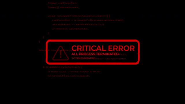 Red critical error message flashing with code in background. 4k