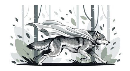 Fototapeta premium Heroic Wolf Galloping Through a Forest Under a Flowing Cape in Grayscale