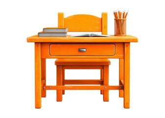 Classic Wooden Desk with Study Materials in Front View Isolated