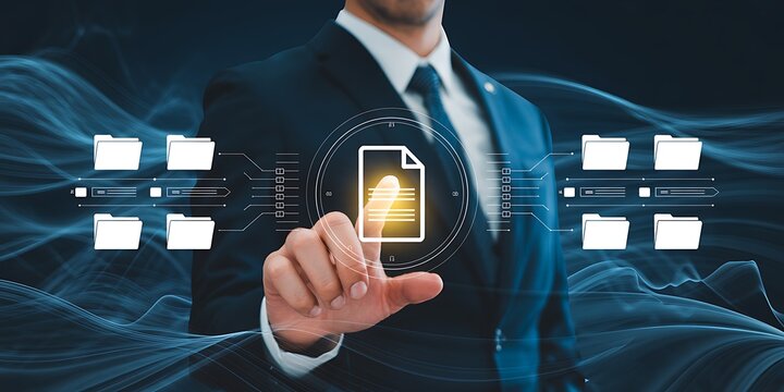 Man in suit interacting with digital data management system for business efficiency and productivity