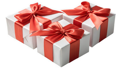 Fototapeta premium Three white gift boxes with red ribbons isolated on transparent background