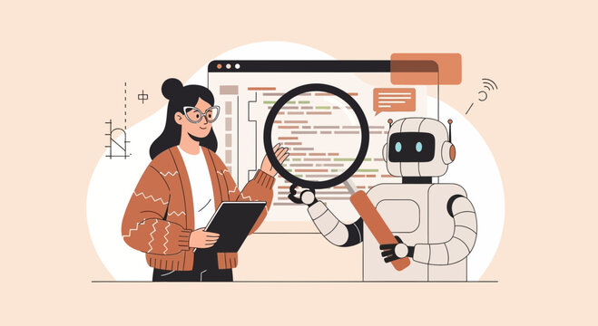 Human and AI working together on software development with magnifying glass and code