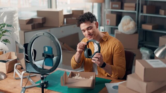 Man, influencer and phone with headphones of small business, review product and online shopping. Male person, ring light and live streaming for ecommerce, marketing sale and recording for advertising