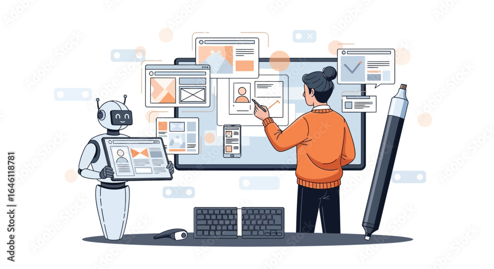 Wall mural human-ai collaboration in web development: a woman designs a website alongside a robot assistant vis