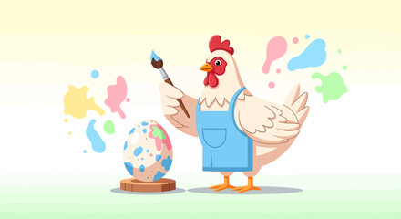 Naklejka premium Humorous Cartoon Chicken Decorating Easter Egg with Colorful Paints and Apron