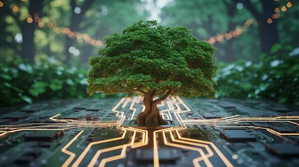 Green tree grows from glowing circuit board in forest
