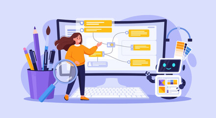 Illustration depicting a designer collaborating with an ai on interface design project