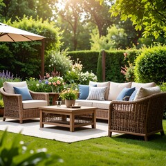 Outdoor patio furniture set in lush garden