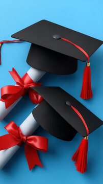 Gradual celebration: caps and diplomas multiply on blue background emphasizing academic achievement