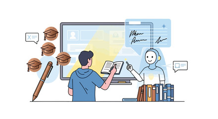 Illustration depicting a student learning with the assistance of an AI robot tutor on a computer screen