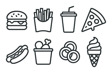 Fast food icons featuring burger, fries, soda, pizza, hotdog, chicken, rings, ice cream