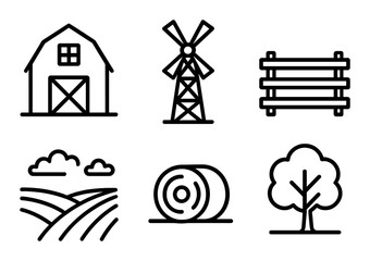 Farm icons: windmill, barn, fence, tree, field, hay bale silhouettes