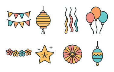 Colorful festive icons with banners, lanterns, balloons, flowers, star, spiral motif
