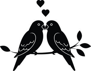 Silhouette of two lovebirds perched on a branch with heart symbols, romantic birds illustration, nature and affection concept