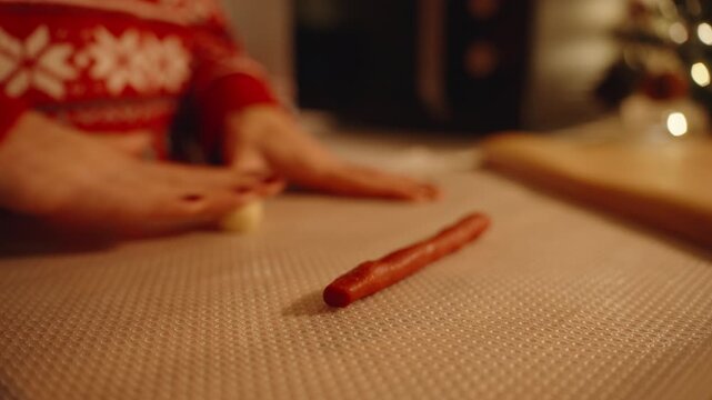 Close Up of Woman Rolling Yellow Dough Next to Finished Red Dough Rope on Textured Mat