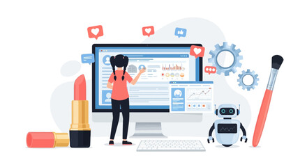 Illustration of a beauty blogger analyzing social media data for content strategy and engagement optimization