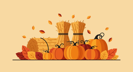 Festive autumn harvest flat lay composition of pumpkins, hay bales, and colorful leaves creating a warm fall atmosphere