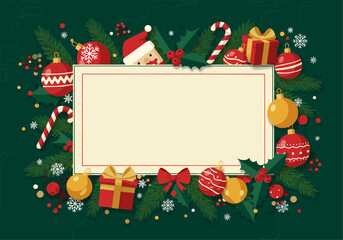 Festive Christmas holiday background with a decorative frame for text, adorned with ornaments, gifts, and fir branches.