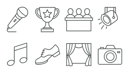 Performing arts icons: microphone, trophy, podium, spotlight, music note, shoe, curtains, camera