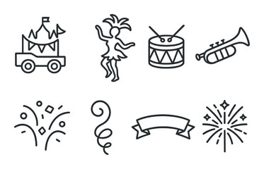 Festive carnival icons on black background featuring dancer, parade float, and musical instruments