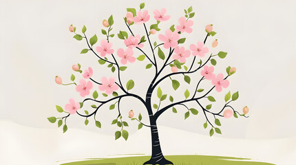 Fototapeta premium Apple Tree Clipart – Vector Illustration with Pink Blossoms and Developing Fruits, Minimal Design on White Background for Gardening and Fruit Designs