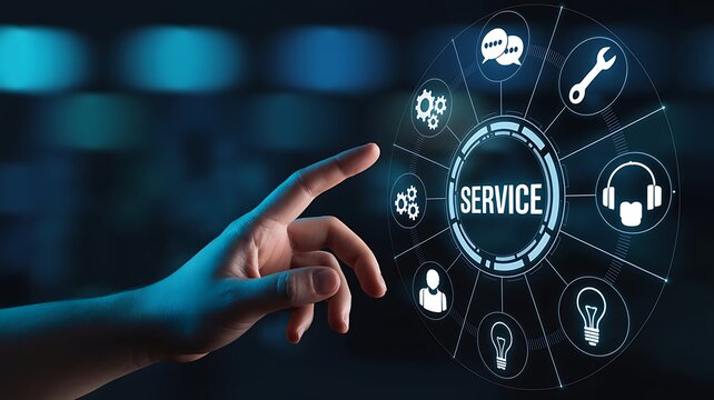 Human hand touching digital service interface with icons - Powered by Adobe