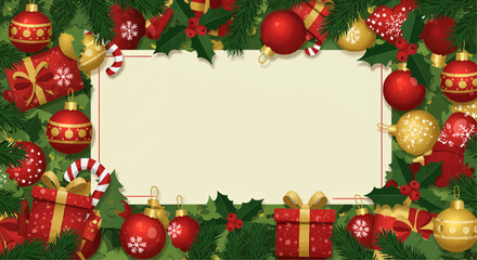 Festive Christmas Border with Ornaments, Gifts, and Holly Berries on a Green Fir Tree Background