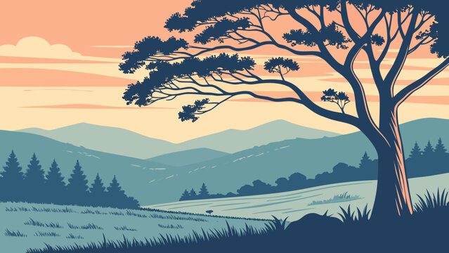 A stylized landscape with a large tree in the foreground and mountains in the background at sunset