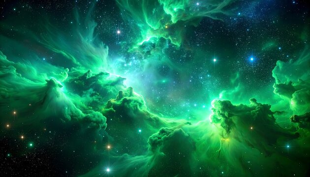 Deep space nebula, vibrant green clouds