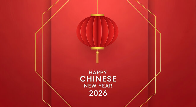 Happy chinese new year 2026 greeting with a red lantern and gold geometric frame