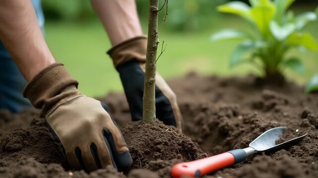 Man planting tree in garden soil with gardening tools nearby  