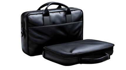 Naklejka premium Sophisticated black leather briefcase and laptop case set exuding modern professional style and executive elegance, perfect for business travel and daily commute. Isolated to Transparent Background