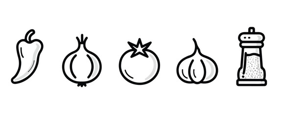 Simple line art illustration depicting common cooking ingredients including a chili pepper onion tomato garlic and salt shaker suitable for culinary themed designs