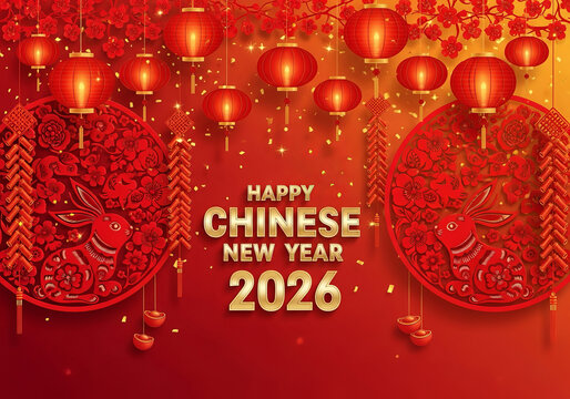 Happy chinese new year 2026 with red lanterns, firecrackers, and festive decorations