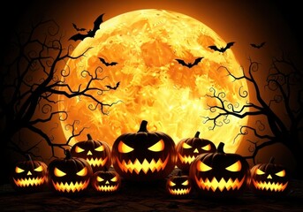 Spooky halloween night with jack o lanterns and bats under a giant full moon